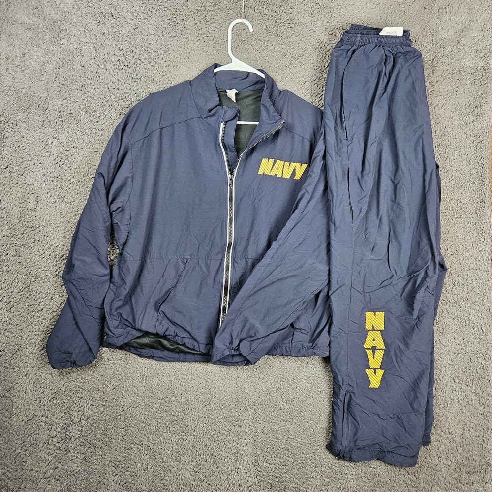 US Navy PT Tracksuit Jacket and Pants Set Navy Blue Yellow Graphic Medium Short